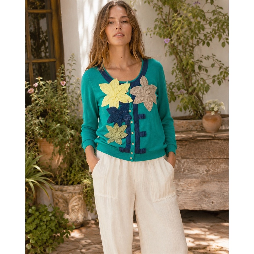 Anthropologie Field Flower Green Floral Cardigan 3D Applique Boho Sweater Medium